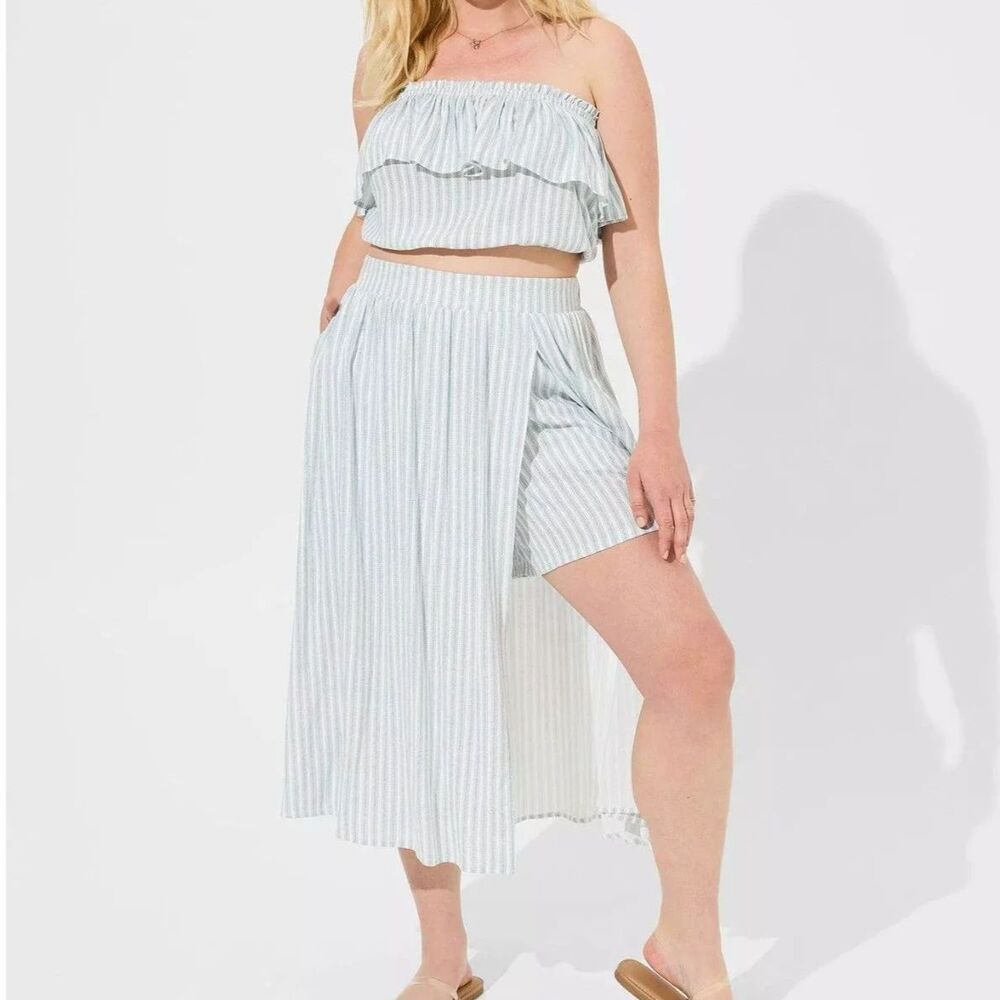 🌿Torrid Striped Light Blue High-Waist Midi Skirt And Ruffle Tube Top Set - Picture 1 of 10